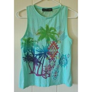 Almost Famous Jrs XS Tank Top Sea Green Sleeveless w Mesh/Lace Back Tropical